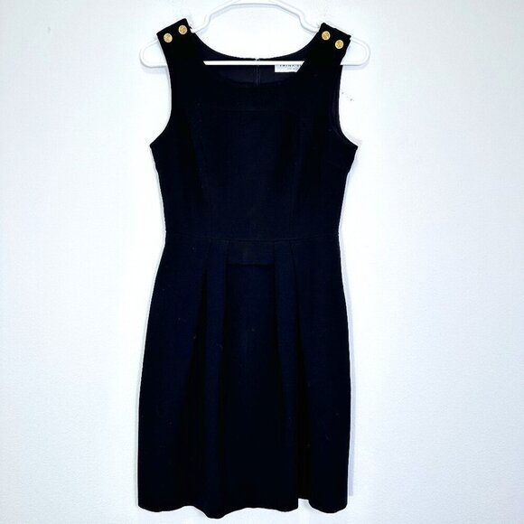 Trina Turk Black Wool Blend Sheath Mini Dress Gold Shoulder Button Career - Picture 1 of 7